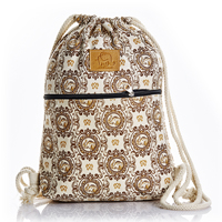 Хлопковая сумка-рюкзак на шнурках (ручная работа) белая с коричневым узором и слонами / Thai Cotton Backpack Elephant (black-brown-yellow with elephant print)